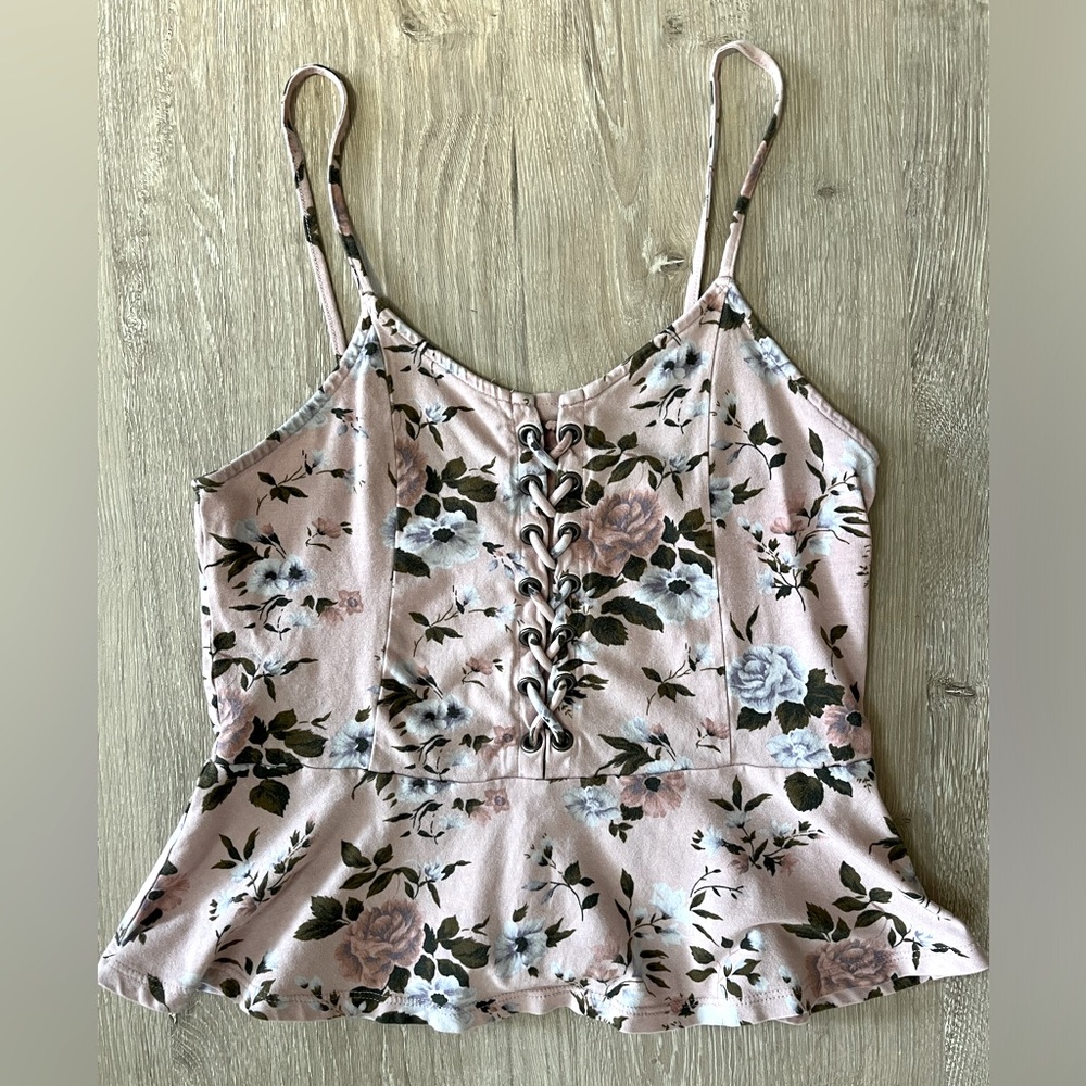 American Eagle Floral Tank Top with Lace Up Detailing